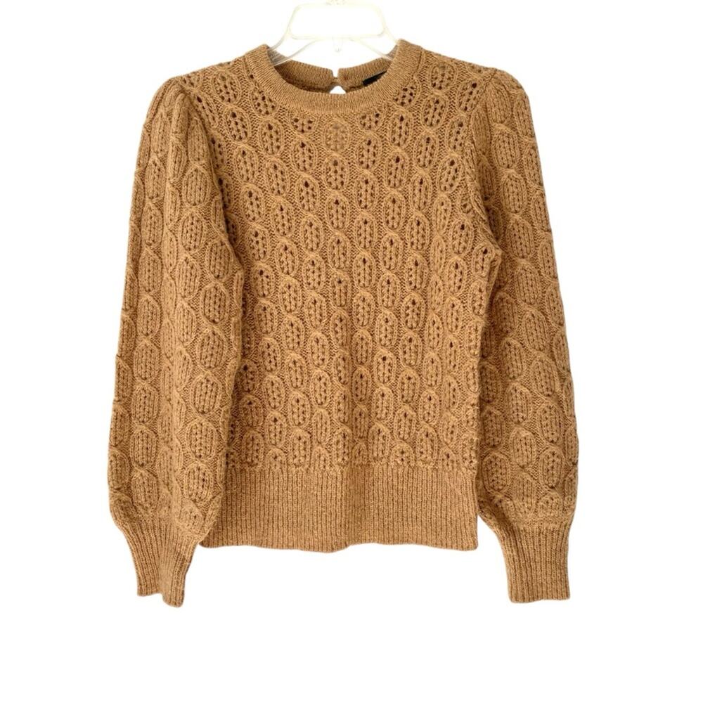 J. Crew Balloon Sleeve Open Weave Cable Knit Sweater XS Tan Brown Wool Alpaca